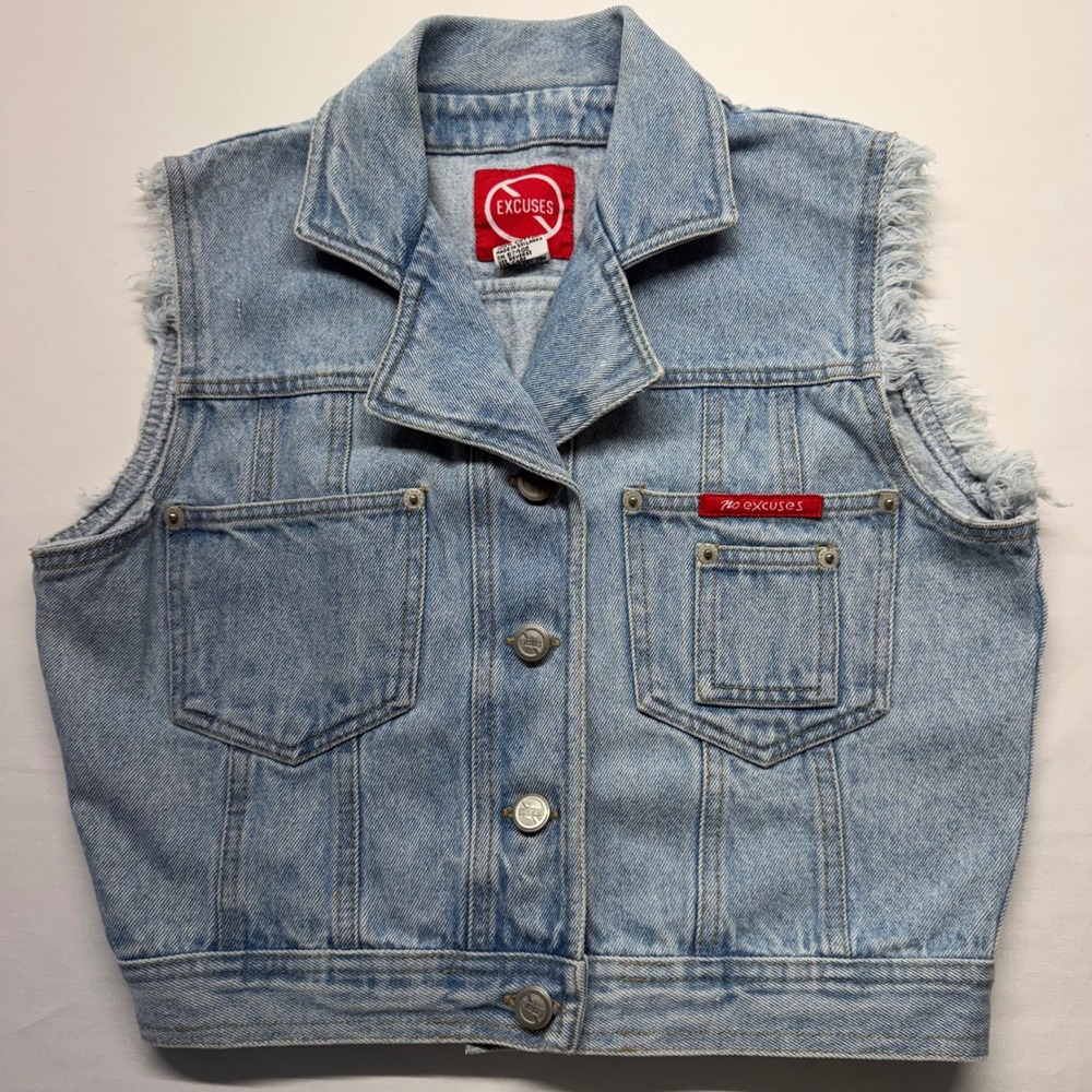 No Excuses Denim Vest Frayed Sleeves M Blue Womens Retro 90s Grunge Punk Rocker